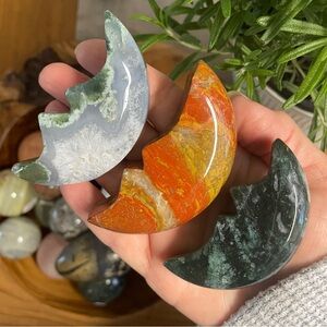 Colorful Crescent Stone Set three carved crystals